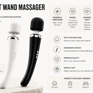 Elegant Wand Massager, USB Rechargeable Silicone Vibrator, 10 Vibration Modes, White & Black Colors