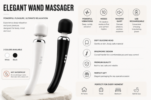 Elegant Wand Massager, USB Rechargeable Silicone Vibrator, 10 Vibration Modes, White & Black Colors