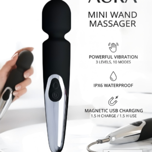 Aura Mini Wand Massager - Black and Chrome Waterproof Personal Body Massager with Magnetic Charging