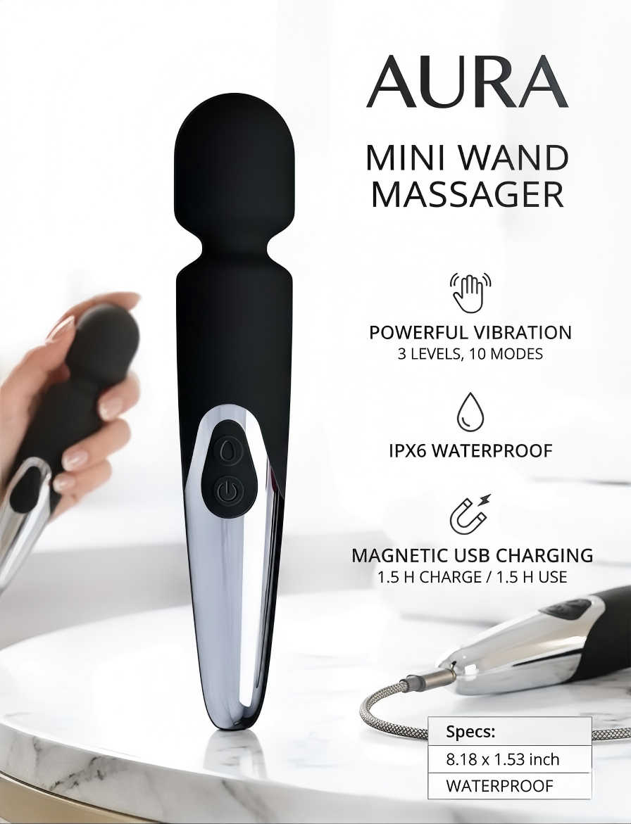 Aura Mini Wand Massager - Black and Chrome Waterproof Personal Body Massager with Magnetic Charging