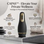 Suggestion: CAPAS premium male wellness device in matte black and gold, featuring 9 suction and vibration modes, displayed in a luxury setting.