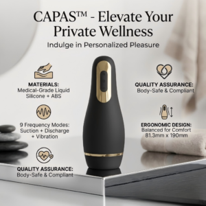 Suggestion: CAPAS premium male wellness device in matte black and gold, featuring 9 suction and vibration modes, displayed in a luxury setting.