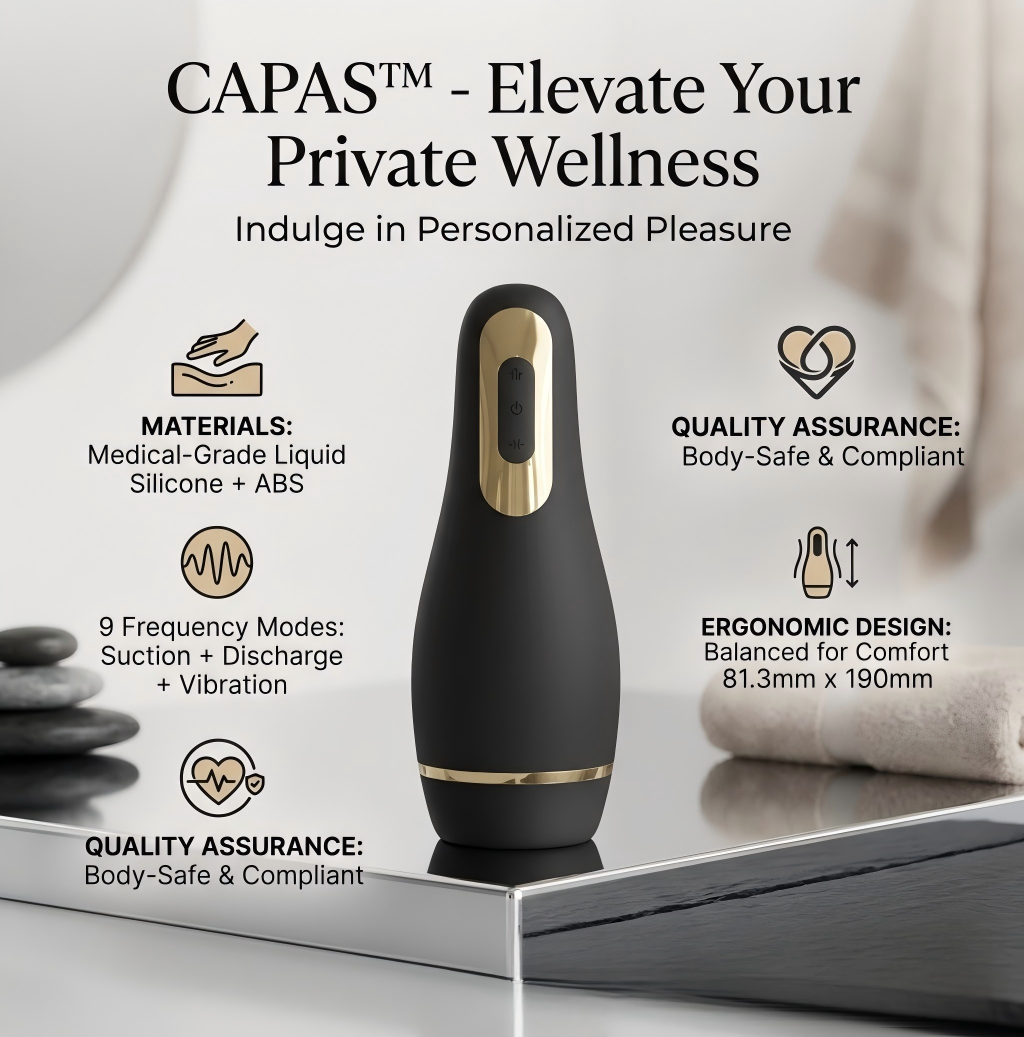 Suggestion: CAPAS premium male wellness device in matte black and gold, featuring 9 suction and vibration modes, displayed in a luxury setting.