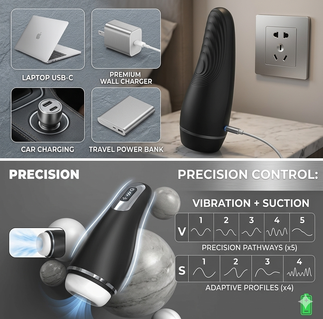 Suggestion: CAPAS premium male wellness device in matte black and gold, featuring 9 suction and vibration modes, displayed in a luxury setting.