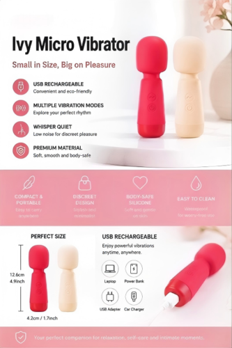Ivy Micro Personal Massager - Compact Whisper-Quiet Wand Vibrator in Red and Cream